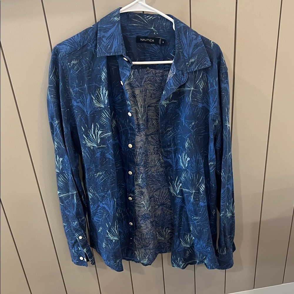 Nautica Navy and Teal Leaf Print Shirt